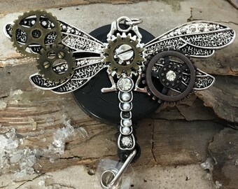 Butterfly Badge reel - steampunk butterfly badge reel-  badge holder-  nurse badge reel- retractable badge reel- beaded badge reel- gifts