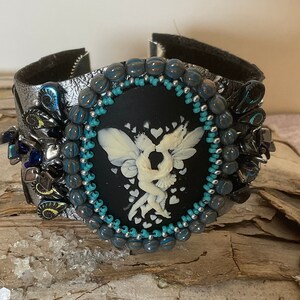 Cuff bracelet, kissing fairy bracelet, cameo bracelet, embroidered bracelet, vegan faux leather bracelet, adjustable bracelet, beaded