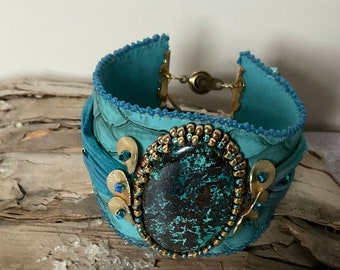 Shibori Silk Cuff Bracelet: Beaded Turquoise Swarovski Crystal Boho Bracelet