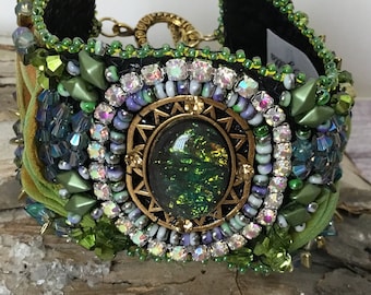 Bead Embroidered Cuff Bracelet: Shibori Silk, Crystal, Boho Style