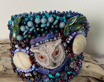Bead Embroidered Cuff Bracelet: Owl, Boho Jungle Jewelry