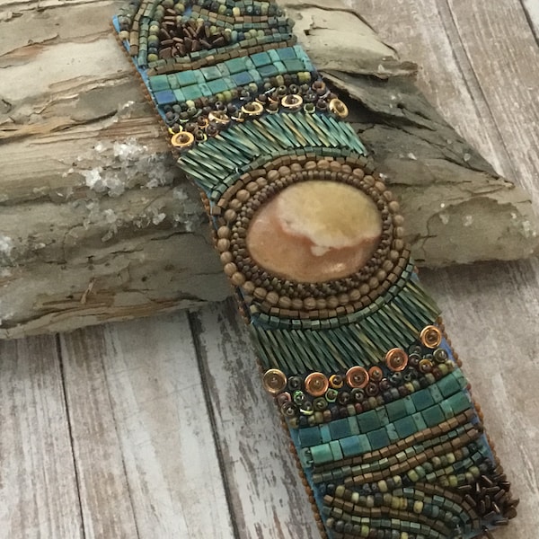 Bead embroidered bracelet, boho  beaded cuff, bead embroidery jewelry, hand made ,one of a kind bracelet, agate cabochon bracelet,