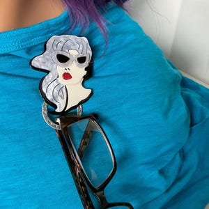 Vintage  eyeglass holder pin, acrylic woman eyeglass holder, sunglasses holder, wear on jackets, shirts,  never lose your glasses