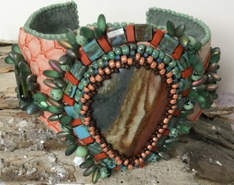 Bead Embroidered Cuff Bracelet: Boho Cork, Jasper, Faux Snakeskin