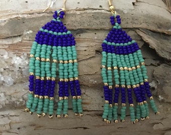 Fringe beaded   earrings,  Turquoise/blue beaded earrings, fringe earrings, dangle earrings,