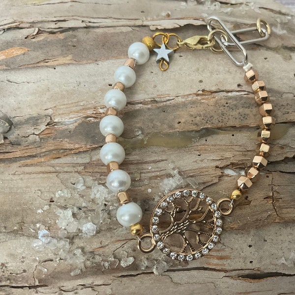 Tree of life bracelet with pearl and gold balls,Cz tree of life gold filled with paper clip extenderchain, gifts for friends or girlfriends