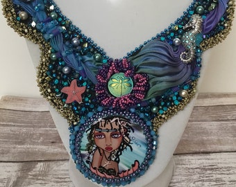 Bead embroidered statement necklace- beach themed necklace- girl cameo necklace-shibori silk necklace- one of a kind necklace- Swarovski