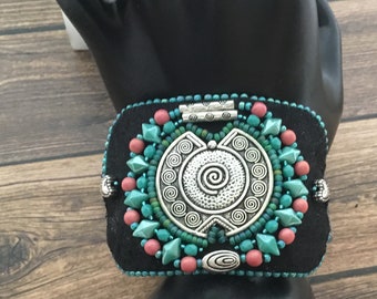 Bead Embroidered Cuff Bracelet: Boho Southwest Metal Cuff