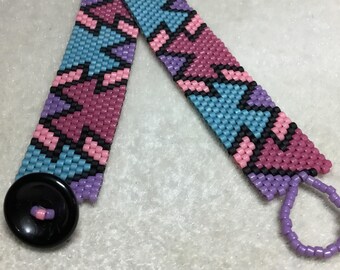 Geometric Seed Bead Bracelet - Peyote Stitch, Pink Blue Purple, Size 7