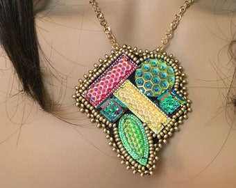 Bead Embroidered Pendant: Geometric Resin Necklace, Handmade OOAK Jewelry