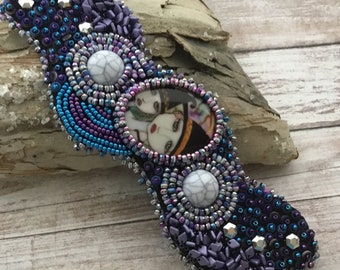Bead bracelet- bead embroidered boho bracelet- Painted lady beaded cuff-  one of  a kind bracelet-witchy cameo bracelet-mystical bracelet