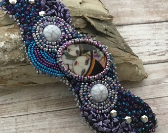 Beaded Embroidered Cuff Bracelet: Painted Lady Cameo, Boho Witch Girl Jewelry