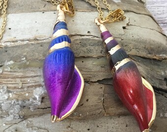Conch Shell Pendant Necklace: 24" Chain, Red Orange or Purple Blue