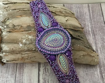 Bead embroidered bracelet, boho  beaded cuff, bead embroidery jewelry, hand made one of a kind bracelet, resin cabochon bracelet,