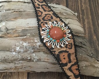 Beaded Cork Cuff Bracelet: Animal Print Boho Vegan Jewelry