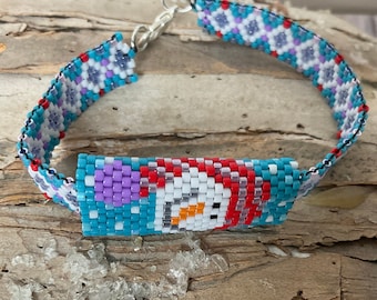 Peyote Stitched Snowman Bracelet, Winter Seed Bead Slider