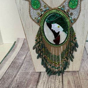 Green & Gold Beaded Statement Necklace: Handmade OOAK Embroidered Jewelry