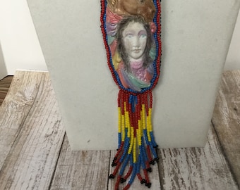 Beaded Horse & Girl Pendant: American Indian Style Necklace, Wall Hanging