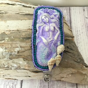 Hand-Painted Mermaid Badge Reel: Polymer Clay Retractable Badge