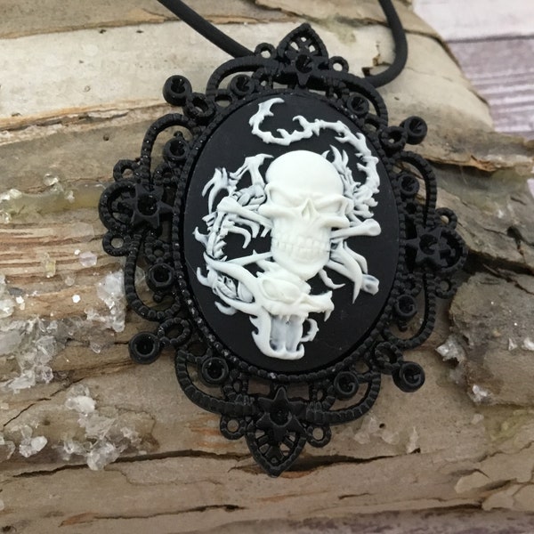 Cameo pendant- skull cameo - black cameo jewelry- reproduction cameo- vintage - Steampunk  cameo - goth cameo- rocker -gifts for her- gift