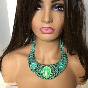 Bead embroidered statement necklace- green/blue beaded necklace-  ooak necklace- handmade necklace- necklace- gift