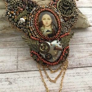 Steampunk Cameo Statement Necklace: Bead Embroidered Gothic Jewelry
