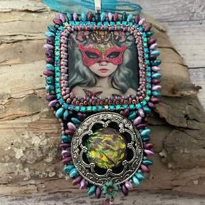 Bead embroidered pendant/girl-masked girl pendant-beaded necklace- girl pedant/ -pendant- handmade -gift