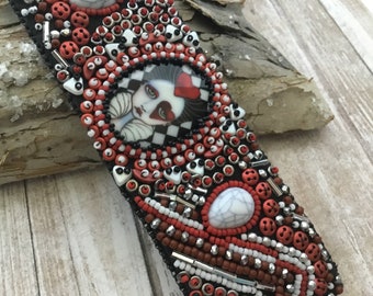 Bead embroidered bracelet, boho , gothic  beaded cuff, bead embroidery jewelry, hand made ,one of a kind bracelet, agate cabochon bracelet,