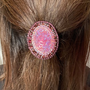 Beaded Hair Tie: Embroidered Pink AB Ponytail Holder
