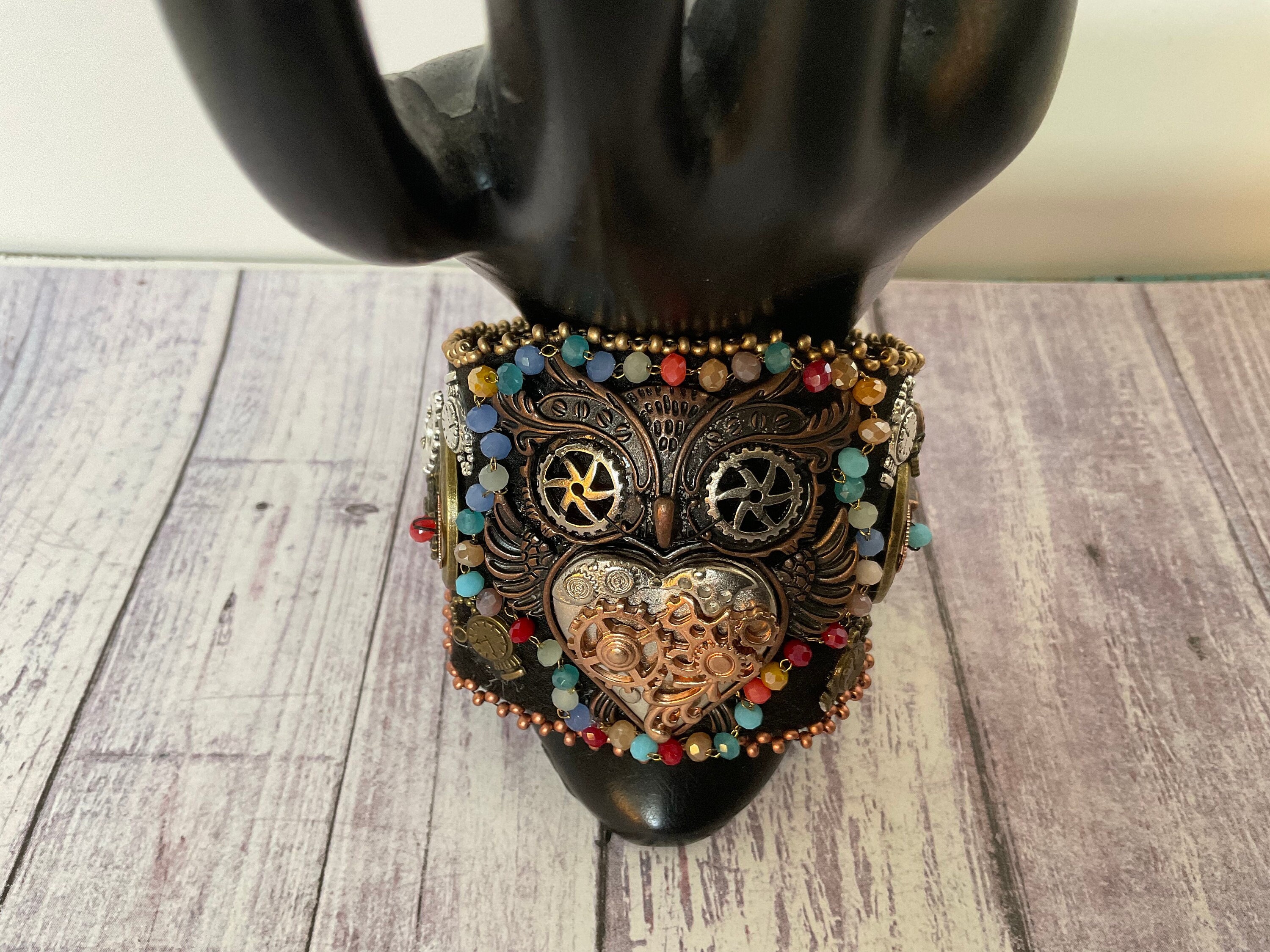 Steampunk Owl Cuff Bracelet, Gothic Beaded Embroidery Jewelry, Handmade
