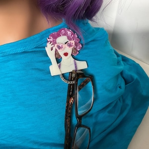 Vintage  eyeglass holder pin, acrylic woman eyeglass holder, sunglasses holder, wear on jackets, shirts,  never lose your glasses