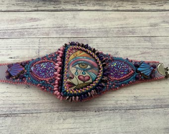 Bead Embroidered Cuff Bracelet: Masked Half Moon, Boho Artisan Jewelry
