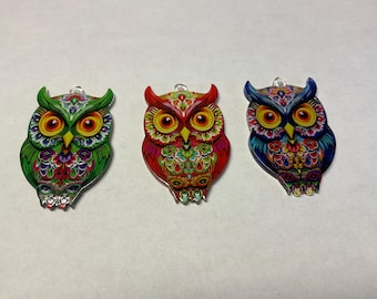 Resin Owl Cabochons: AB Finish, 2" with Loop, Jewelry Making