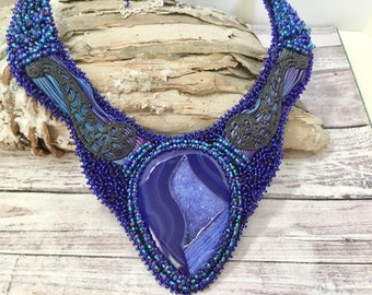 Bead embroidered statement necklace- druzy stone- shibori silk necklace-  ooak necklace- handmade necklace- necklace- gift