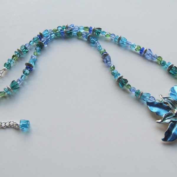 Free U.S. shipping,Ombre Flower pendant necklace,multi blues and greens flower necklace,glass beaded necklace , statement necklace
