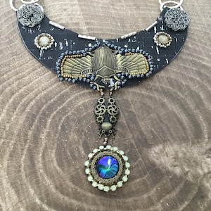 Beetle Necklace: Bead Embroidered Cork Fabric, Steampunk Gothic Jewelry
