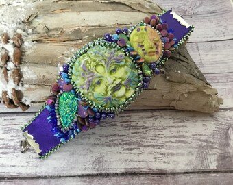 Bead embroidered bracelet, green man cuff bracelet, whimsical  ,cuff bracelet, Artisan cuff bracelet, ooak artisan bracelet , gifts for her