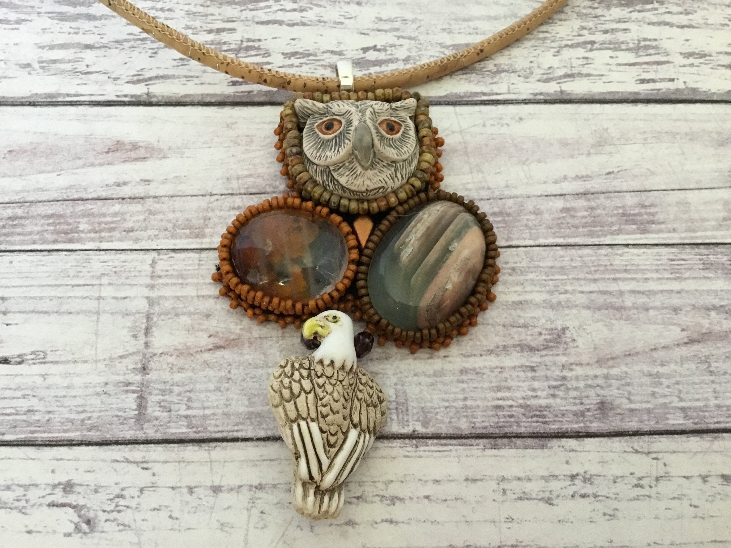 Beaded necklace-jasper stones -Owl  necklace-boho necklace-bead embroidered necklace- one of a kind 