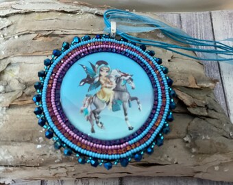 Beaded Horse Medallion Pendant: Crystal Embroidered Necklace