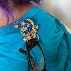 Vintage  eyeglass holder pin,  rhinestone moon eyeglass holder, sunglasses holder, wear on jackets, shirts,  never lose your glasses