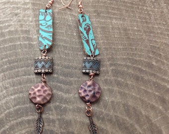 Leather earrings, tooled leather earrings, tourqouise leather earrings, leather dangle earrings, cooper metal earrings, shoulder dusters