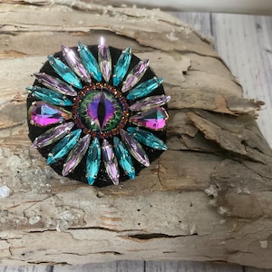 Crystal Eye Pin: Handmade Faux Leather Embroidered Brooch