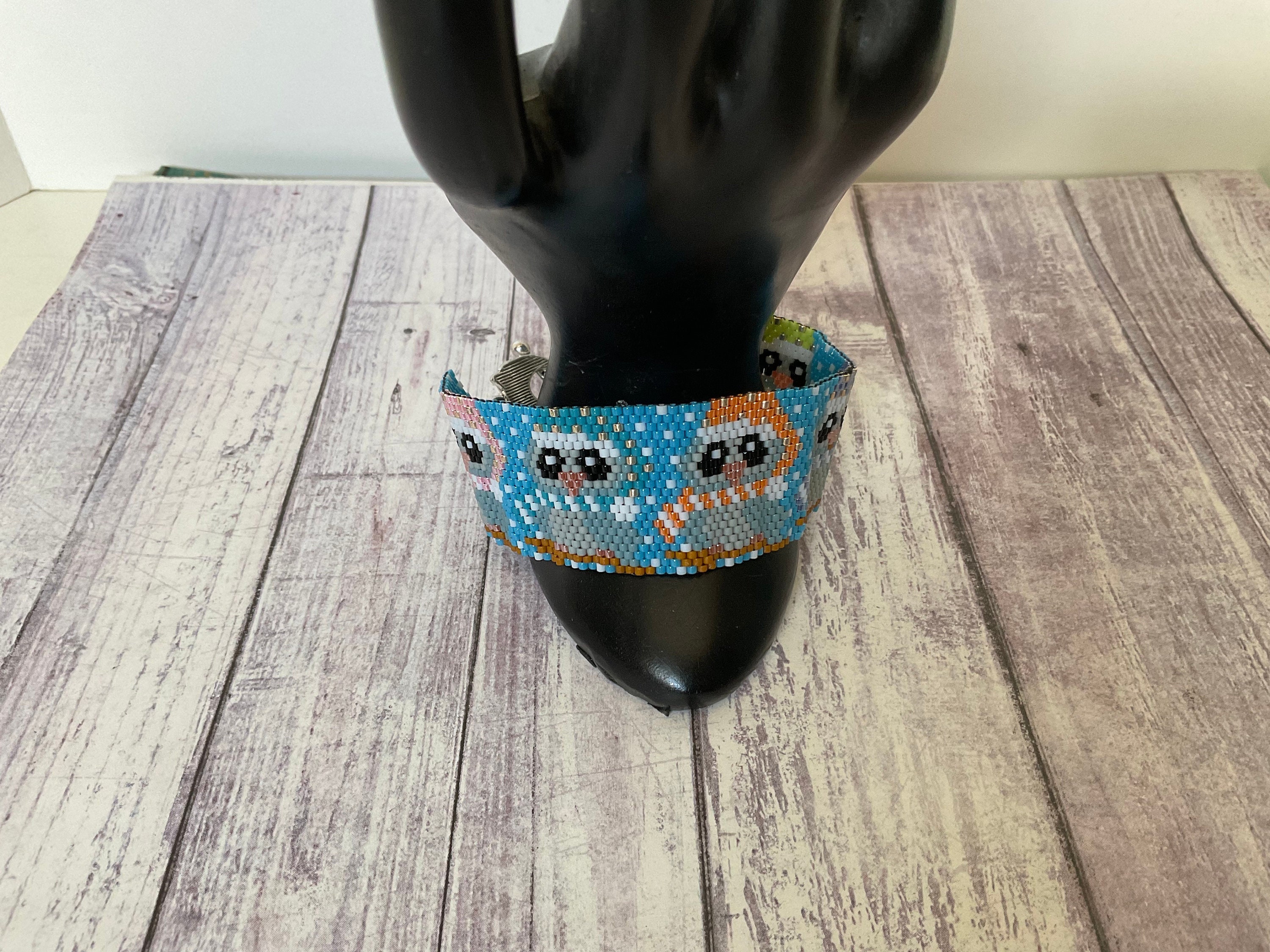 Handmade Peyote Seed Bead Cuff Bracelet, Winter Owl Jewelry (7.5 inch)
