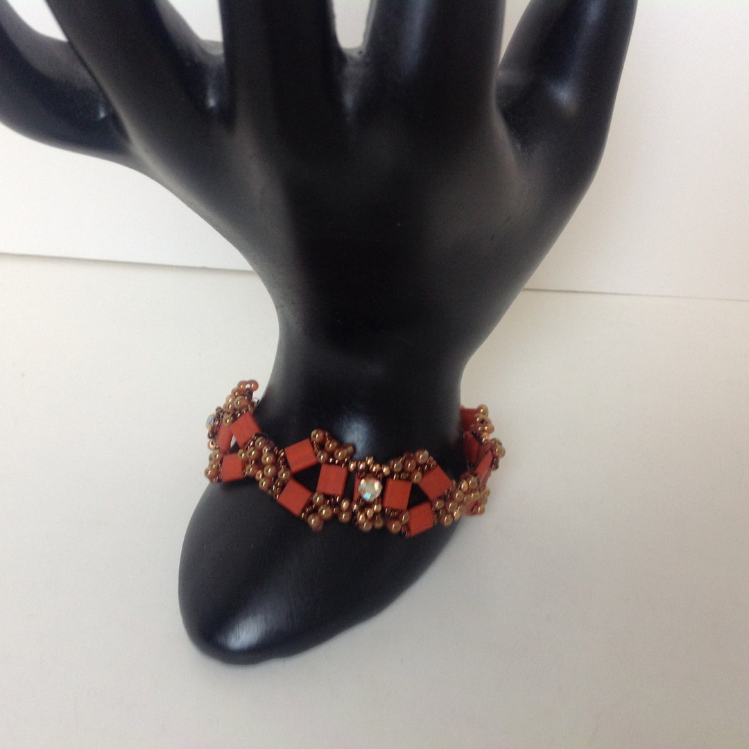 Burnt Orange Beaded Bracelet, Tila Bracelet, Beaded Bracelet, Orange