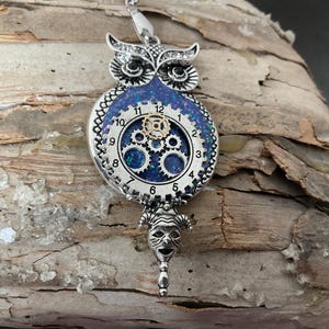 Steampunk owl pendant, faux opal owl with steampunk gears, made with resin, gifts for her
