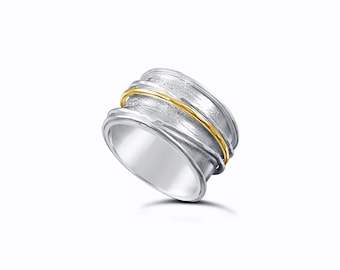 14k Gold and Sterling Silver Spinner Band Ring, Custom Etched Birch Design, Custom Ring Band, Handmade Ring, Jewelry Gift for Women