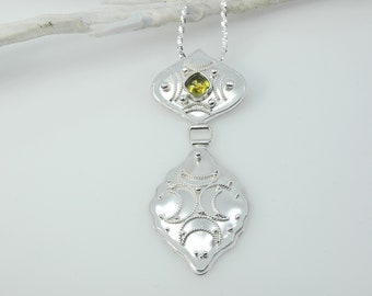 Silver Filigree and Peridot Gemstone Pendant, Handmade Norwegian Filigree, Custom Hollowformed Pendant, Scandinavian Women's Jewelry Gift