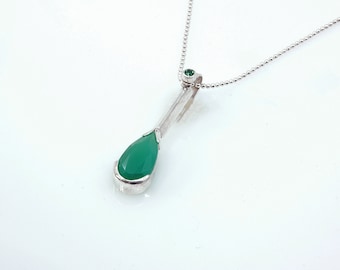 Sterling Silver and Green Chrysoprase Teardrop Pendant, Custom Scandinavian Modern Gemstone Necklace, Handmade Jewelry Gift for Women