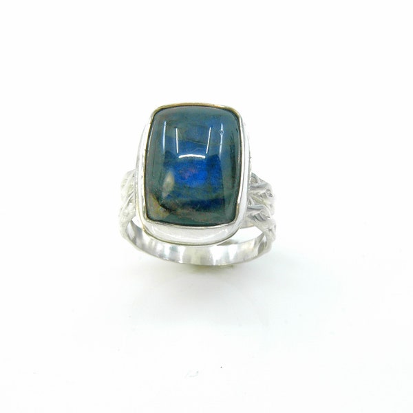 Finnish Spectrolite and Sterling Silver Ring, Custom Handmade Statement Ring, Scandinavian Design for Men or Women, Custom Cut Finland Stone
