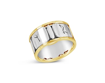 Sterling Silver and 14k Gold Custom Carved Viking Rune Ring, Norse Symbols Band, Custom Wedding, Scandinavian Jewelry Gift for Men or Women